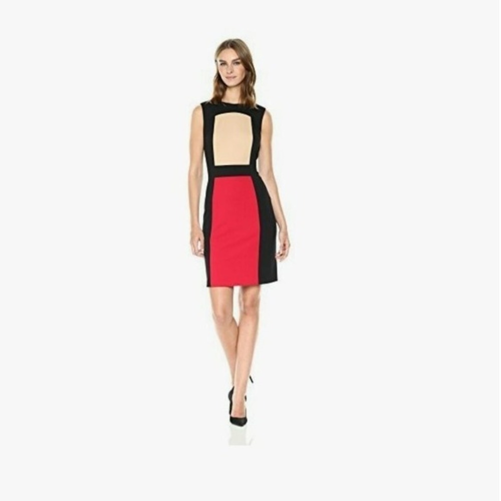 Calvin Klein‎ Colorblock Sheath Dress Size 6 Sleeveless Black Red Beige  Office - Picture 2 of 11